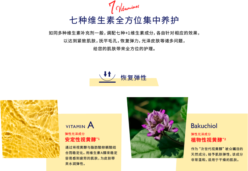 七种维生素全方位集中养护 如同多种维生素补充剂一般，调配七种+1维生素成分，各自针对相应的效果，以达到紧致肌肤，抚平毛孔，恢复弹力，光泽皮肤等诸多问题，给您的肌肤带来全方位的护理。